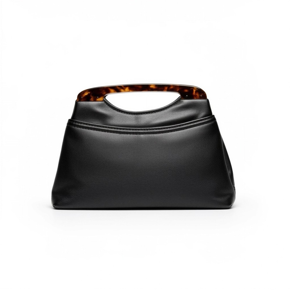 Black leather midcentury 70’s handbag Bakelite top handle Vintage Purse Whimsy